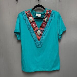Vintage Embroidered Teal Short Sleeve Top